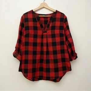 Red Plaid V-Neck Blouse